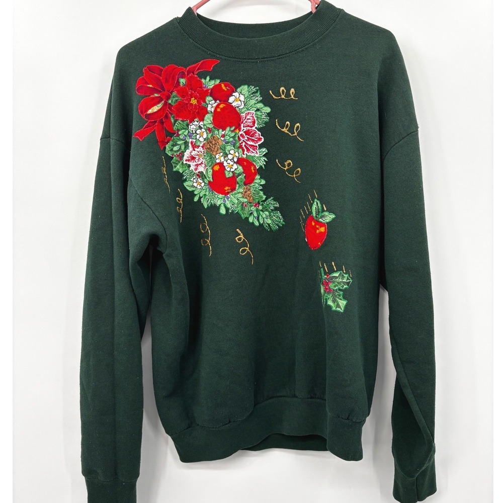 Fruit of the Loom Christmas Sweatshirt Green Apples Holly Bow Ugly Sweater L